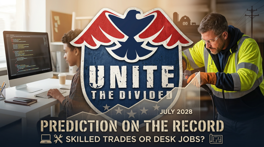 A young coder and a skilled tradesman side by side under the Unite The Divided shield, with the caption Skilled Trades or Desk Jobs.