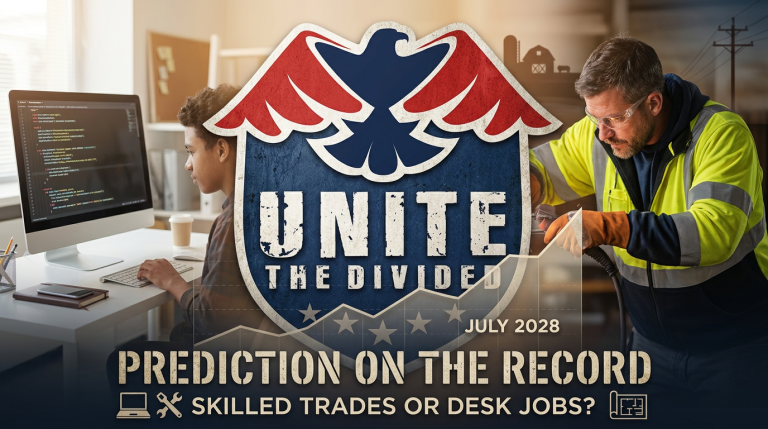 A young coder and a skilled tradesman side by side under the Unite The Divided shield, with the caption Skilled Trades or Desk Jobs.
