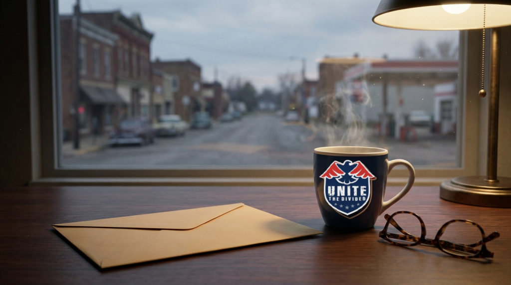 A steaming coffee mug bearing the Unite The Divided shield beside a sealed envelope on a lamplit desk, with a small town street through the window.