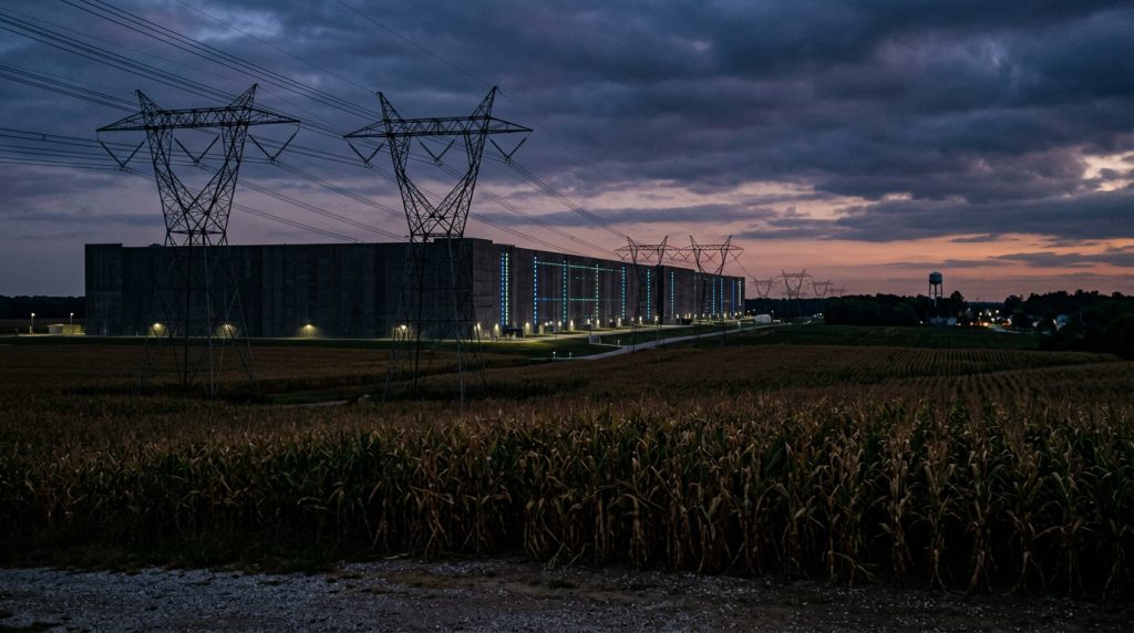 A large data center with glowing server lights rising behind Indiana farmland at dusk, with power lines crossing a cornfield in the foreground.