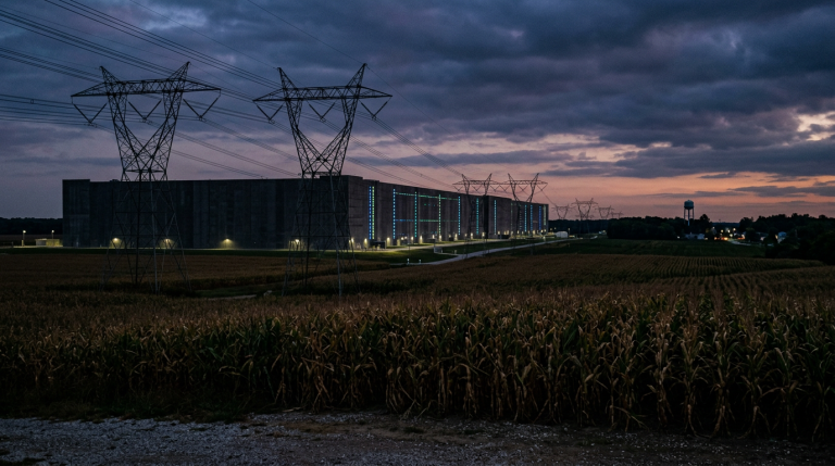 A large data center with glowing server lights rising behind Indiana farmland at dusk, with power lines crossing a cornfield in the foreground.