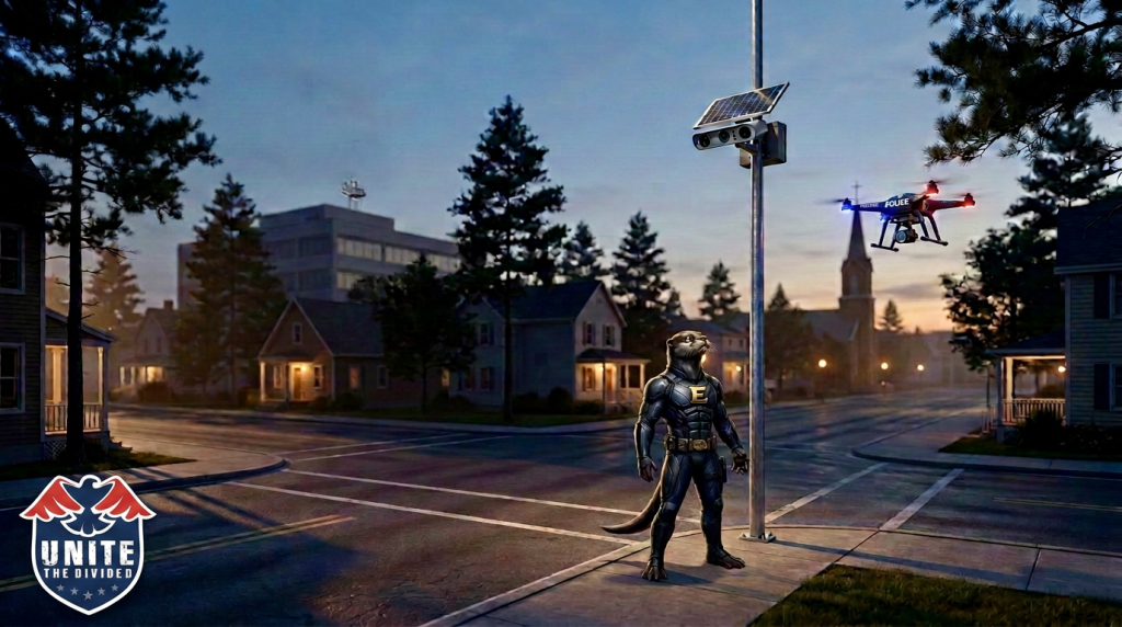 License plate reader camera on a pole and police drone overlooking a quiet Southern Indiana intersection at dusk