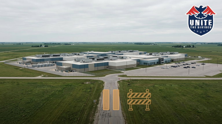 Aerial view of a large modern data center complex in a flat Midwestern landscape with an amber pause symbol and road barrier in the foreground.